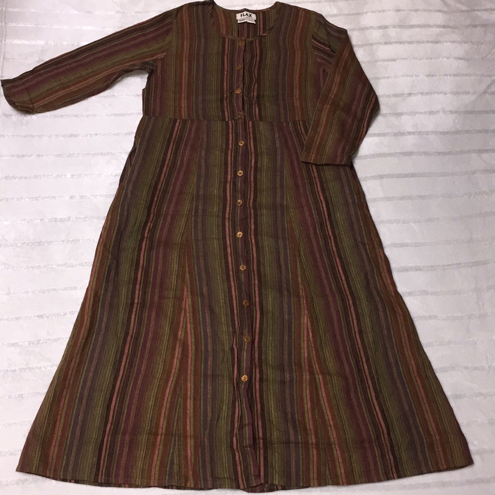 Flax linen long sleeve button down dress pockets